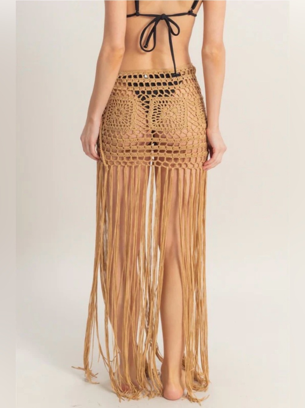 A658. Fringe Crochet Beach Skirt in Camel - Picture 5 of 5